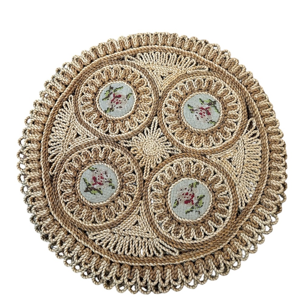 Vtg Jute Embroidered Wall Hanging Placemats